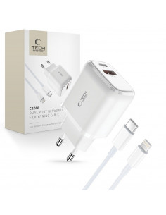 
USB-C PD 20W / USB-A QC 3.0 sieninis įkroviklis su USB-C / iPhone Lightning laidu – baltas
