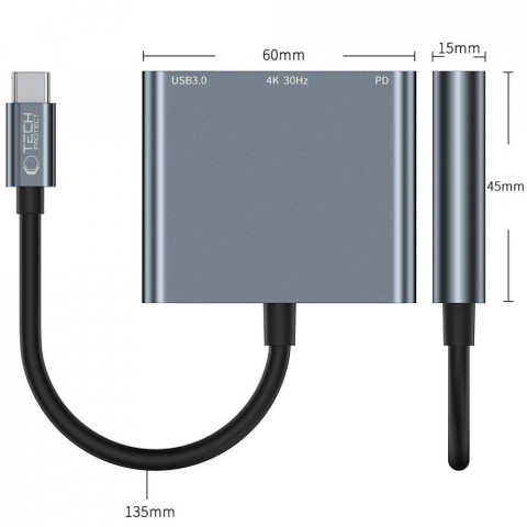
3in1 šakotuvas USB-C į USB-A skirstytuvas USB-C PD 100W HDMI 4K 30Hz - pilkas
