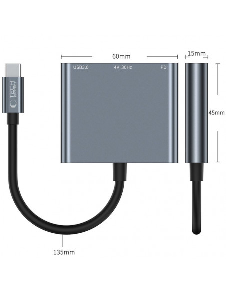 
3in1 šakotuvas USB-C į USB-A skirstytuvas USB-C PD 100W HDMI 4K 30Hz - pilkas
