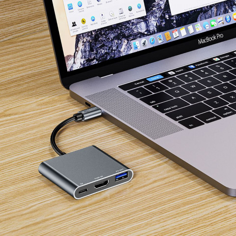 
3in1 šakotuvas USB-C į USB-A skirstytuvas USB-C PD 100W HDMI 4K 30Hz - pilkas
