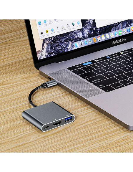 
3in1 šakotuvas USB-C į USB-A skirstytuvas USB-C PD 100W HDMI 4K 30Hz - pilkas

