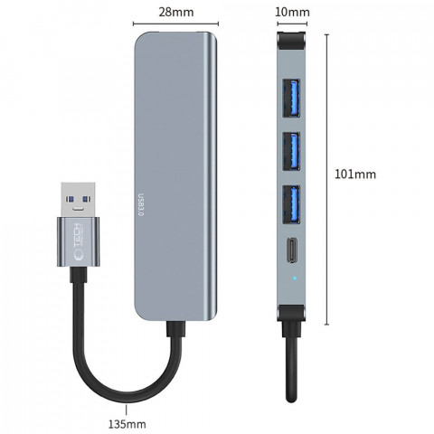 
5in1 šakotuvas USB-A į USB-A USB-C skirstytuvas – pilkas
