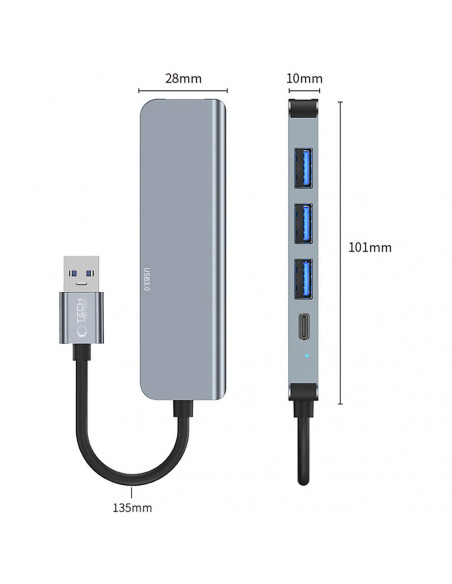 
5in1 šakotuvas USB-A į USB-A USB-C skirstytuvas – pilkas
