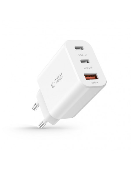 
2x USB-C PD / USB-A QC 30W sieninis įkroviklis – baltas
