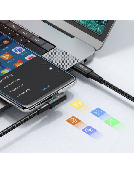 
USB-C 60W 6A 2m kampinis ir tiesus kabelis - pilkas
