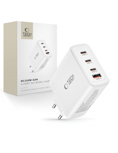 
„GaN 3x USB-C PD USB-A QC 100W“ sieninis įkroviklis – baltas
