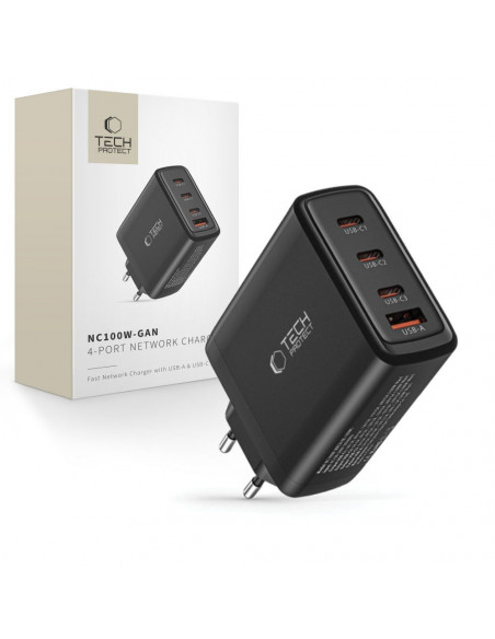 
„GaN 3x USB-C PD USB-A QC 100W“ sieninis įkroviklis – juodas
