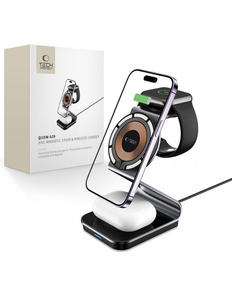 
3 viename belaidis įkroviklis su „MagSafe“ funkcija, skirtas „Apple Watch AirPods“ išmaniesiems telefonams – juodas
