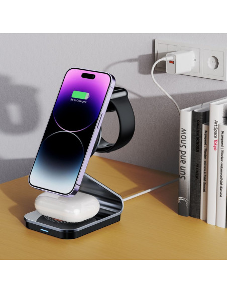 
3 viename belaidis įkroviklis su „MagSafe“ funkcija, skirtas „Apple Watch AirPods“ išmaniesiems telefonams – juodas
