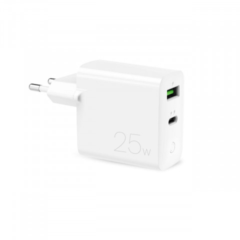 
USB-A USB-C PD 25W sieninis įkroviklis – baltas

