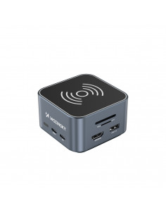 
12in1 šakotuvas su belaidžiu įkrovikliu, USB-A, USB-C, HDMI, RJ45, SD, TF, mini lizdas - pilkas
