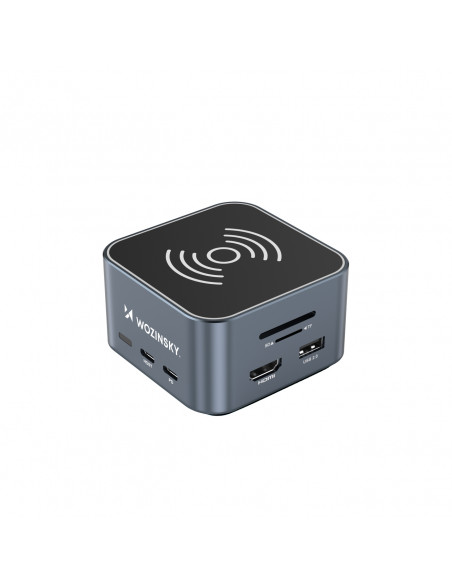 
12in1 šakotuvas su belaidžiu įkrovikliu, USB-A, USB-C, HDMI, RJ45, SD, TF, mini lizdas - pilkas
