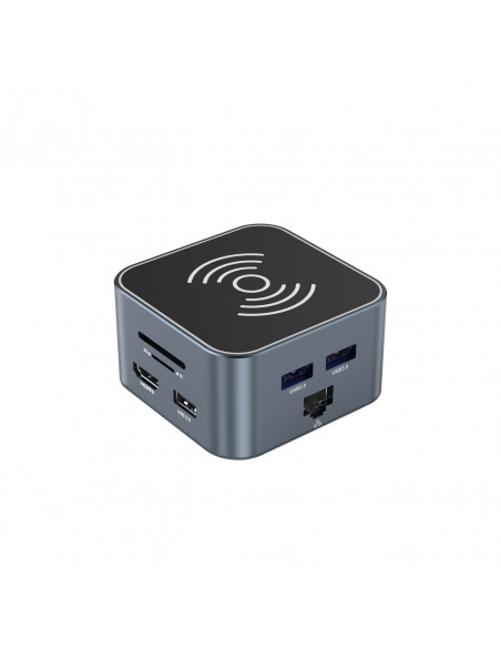 
12in1 šakotuvas su belaidžiu įkrovikliu, USB-A, USB-C, HDMI, RJ45, SD, TF, mini lizdas - pilkas
