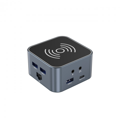 
12in1 šakotuvas su belaidžiu įkrovikliu, USB-A, USB-C, HDMI, RJ45, SD, TF, mini lizdas - pilkas
