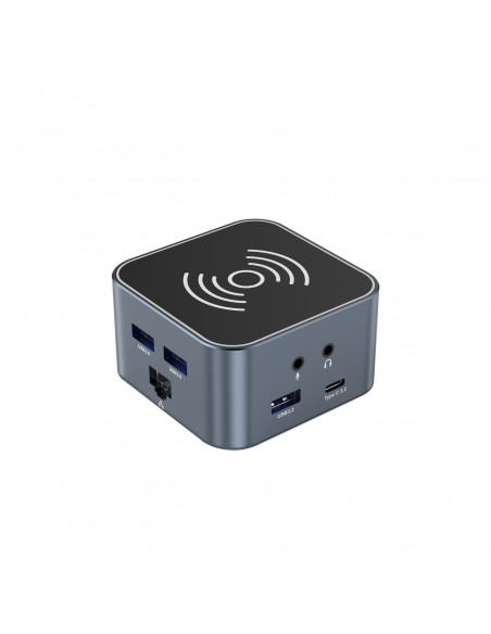 
12in1 šakotuvas su belaidžiu įkrovikliu, USB-A, USB-C, HDMI, RJ45, SD, TF, mini lizdas - pilkas
