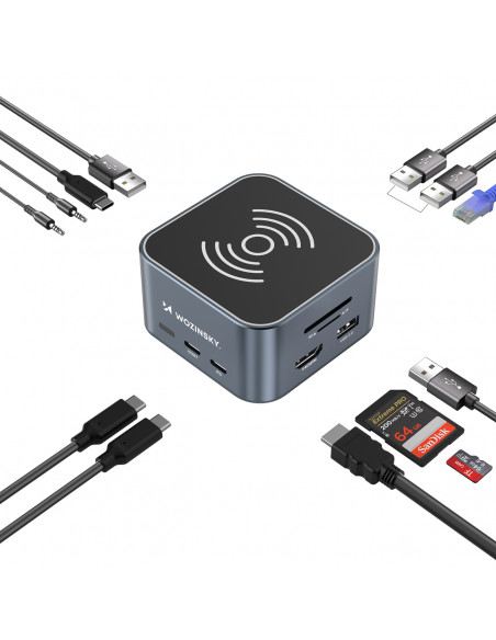 
12in1 šakotuvas su belaidžiu įkrovikliu, USB-A, USB-C, HDMI, RJ45, SD, TF, mini lizdas - pilkas
