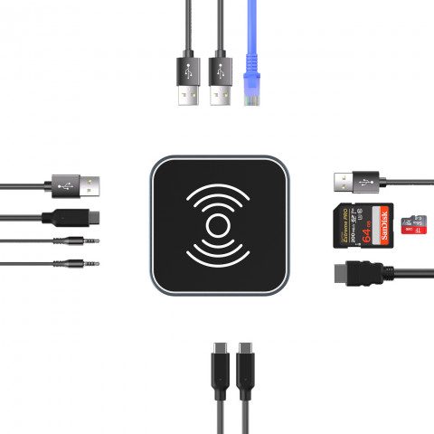 
12in1 šakotuvas su belaidžiu įkrovikliu, USB-A, USB-C, HDMI, RJ45, SD, TF, mini lizdas - pilkas
