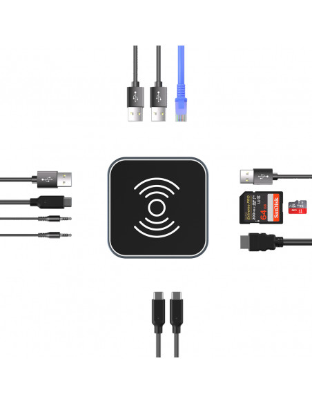 
12in1 šakotuvas su belaidžiu įkrovikliu, USB-A, USB-C, HDMI, RJ45, SD, TF, mini lizdas - pilkas
