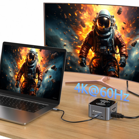 
12in1 šakotuvas su belaidžiu įkrovikliu, USB-A, USB-C, HDMI, RJ45, SD, TF, mini lizdas - pilkas
