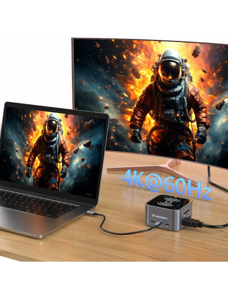 
12in1 šakotuvas su belaidžiu įkrovikliu, USB-A, USB-C, HDMI, RJ45, SD, TF, mini lizdas - pilkas
