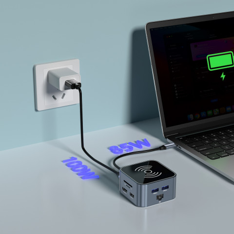 
12in1 šakotuvas su belaidžiu įkrovikliu, USB-A, USB-C, HDMI, RJ45, SD, TF, mini lizdas - pilkas
