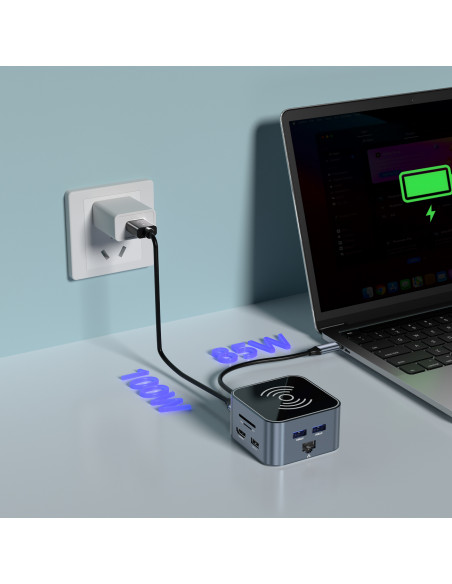 
12in1 šakotuvas su belaidžiu įkrovikliu, USB-A, USB-C, HDMI, RJ45, SD, TF, mini lizdas - pilkas
