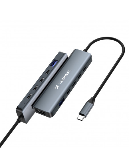 
6in1 šakotuvas USB-A USB-C DisplayPort HDMI skirstytuvas – pilkas
