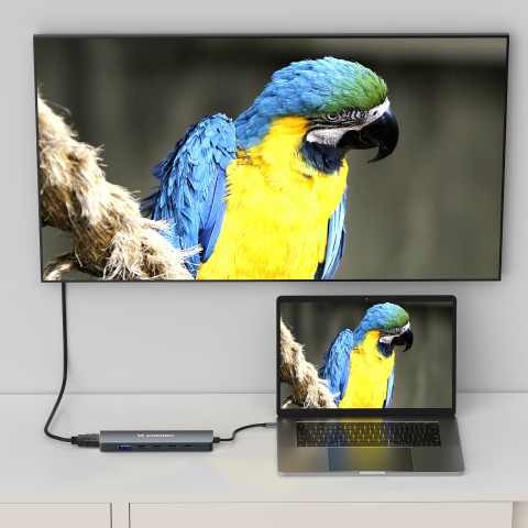 
6in1 šakotuvas USB-A USB-C DisplayPort HDMI skirstytuvas – pilkas
