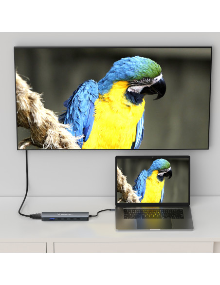 
6in1 šakotuvas USB-A USB-C DisplayPort HDMI skirstytuvas – pilkas
