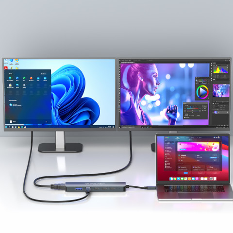 
6in1 šakotuvas USB-A USB-C DisplayPort HDMI skirstytuvas – pilkas
