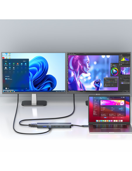 
6in1 šakotuvas USB-A USB-C DisplayPort HDMI skirstytuvas – pilkas
