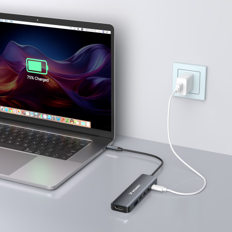 
6in1 šakotuvas USB-A USB-C DisplayPort HDMI skirstytuvas – pilkas
