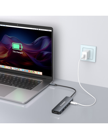 
6in1 šakotuvas USB-A USB-C DisplayPort HDMI skirstytuvas – pilkas
