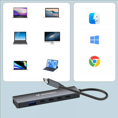 
6in1 šakotuvas USB-A USB-C DisplayPort HDMI skirstytuvas – pilkas
