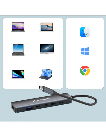 
6in1 šakotuvas USB-A USB-C DisplayPort HDMI skirstytuvas – pilkas
