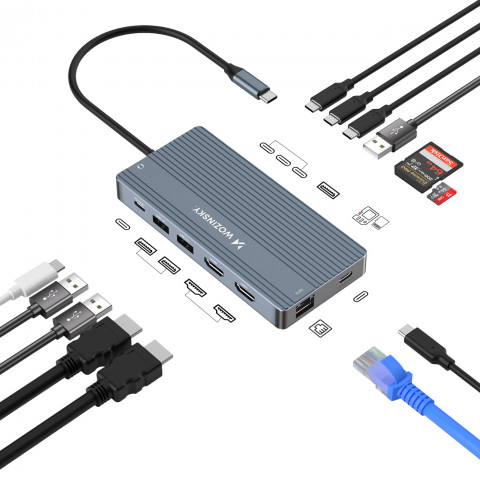
14in1 šakotuvas 3 monitoriams USB-A USB-C DisplayPort HDMI RJ45 SD TF mini lizdas - pilkas
