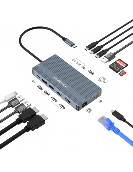 
14in1 šakotuvas 3 monitoriams USB-A USB-C DisplayPort HDMI RJ45 SD TF mini lizdas - pilkas
