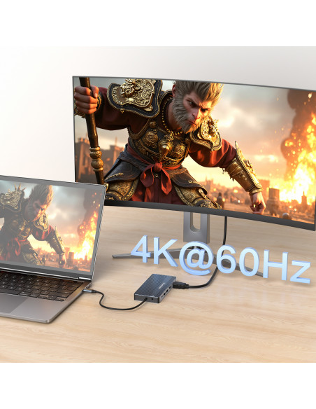 
14in1 šakotuvas 3 monitoriams USB-A USB-C DisplayPort HDMI RJ45 SD TF mini lizdas - pilkas
