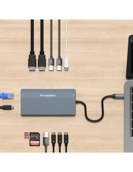 
14in1 šakotuvas 3 monitoriams USB-A USB-C DisplayPort HDMI RJ45 SD TF mini lizdas - pilkas
