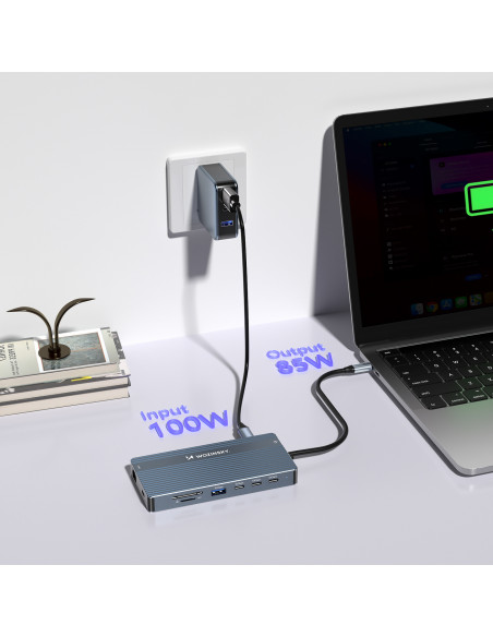 
14in1 šakotuvas 3 monitoriams USB-A USB-C DisplayPort HDMI RJ45 SD TF mini lizdas - pilkas
