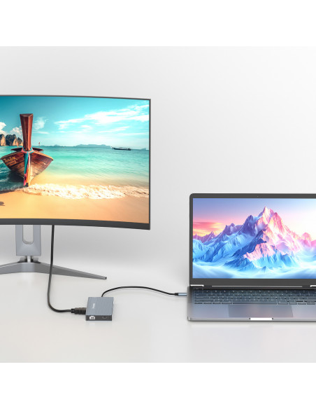 
14in1 šakotuvas 3 monitoriams USB-A USB-C DisplayPort HDMI RJ45 SD TF mini lizdas - pilkas
