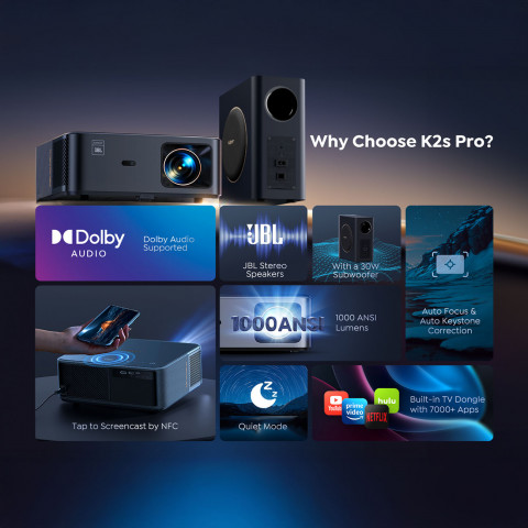 
„FullHD 1080p“ LCD multimedijos projektorius su JBL garsiakalbiais ir „WiFi BT“ žemųjų dažnių garsiakalbiu „K2s Pro“ – ...