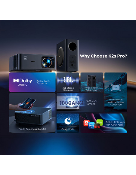
„FullHD 1080p“ LCD multimedijos projektorius su JBL garsiakalbiais ir „WiFi BT“ žemųjų dažnių garsiakalbiu „K2s Pro“ – ...