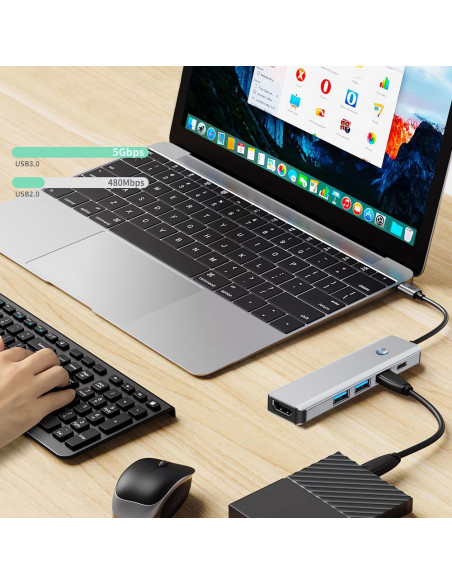 
5in1 šakotuvo adapteris USB-C PD USB-A HDMI 4K 60Hz 100W - pilkas
