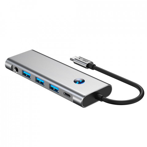 
9in1 šakotuvo adapteris USB-C USB-A HDMI SD TF PD 100W mini lizdas 3.5 4K 60Hz - pilkas
