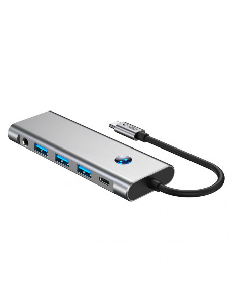 
9in1 šakotuvo adapteris USB-C USB-A HDMI SD TF PD 100W mini lizdas 3.5 4K 60Hz - pilkas
