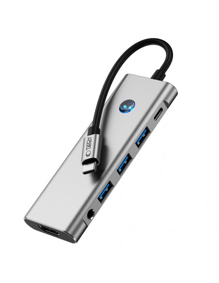 
9in1 šakotuvo adapteris USB-C USB-A HDMI SD TF PD 100W mini lizdas 3.5 4K 60Hz - pilkas
