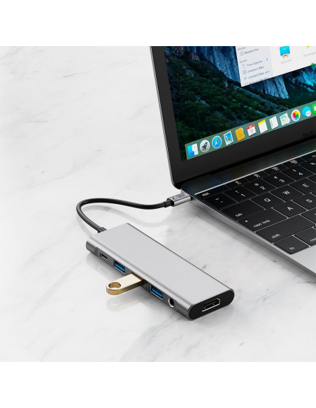 
9in1 šakotuvo adapteris USB-C USB-A HDMI SD TF PD 100W mini lizdas 3.5 4K 60Hz - pilkas
