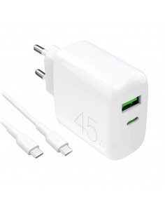 
USB-C USB-A PD sieninis įkroviklis su 45 W USB-C laidu – baltas
