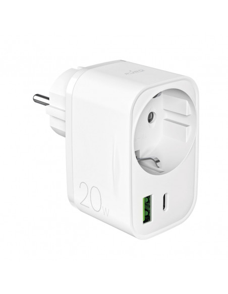 
USB-A USB-C sieninis įkroviklis su Schuko PD 20W lizdu – baltas
